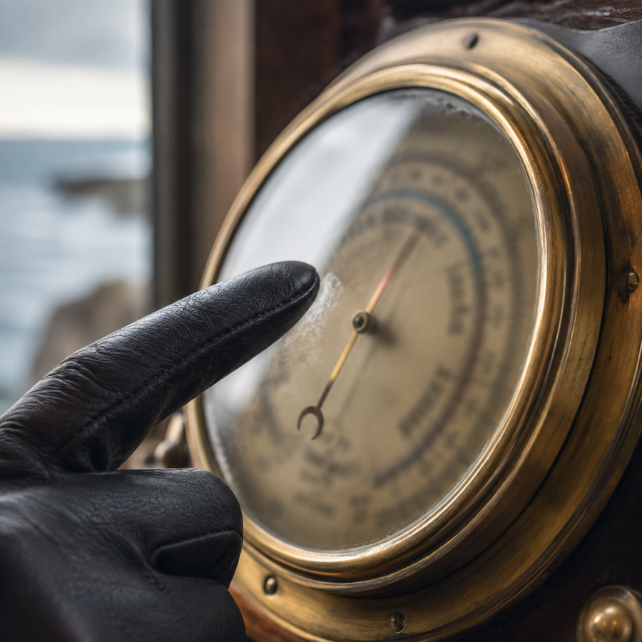 Main tapotant le verre d'un baromètre anéroïde, aiguille floue